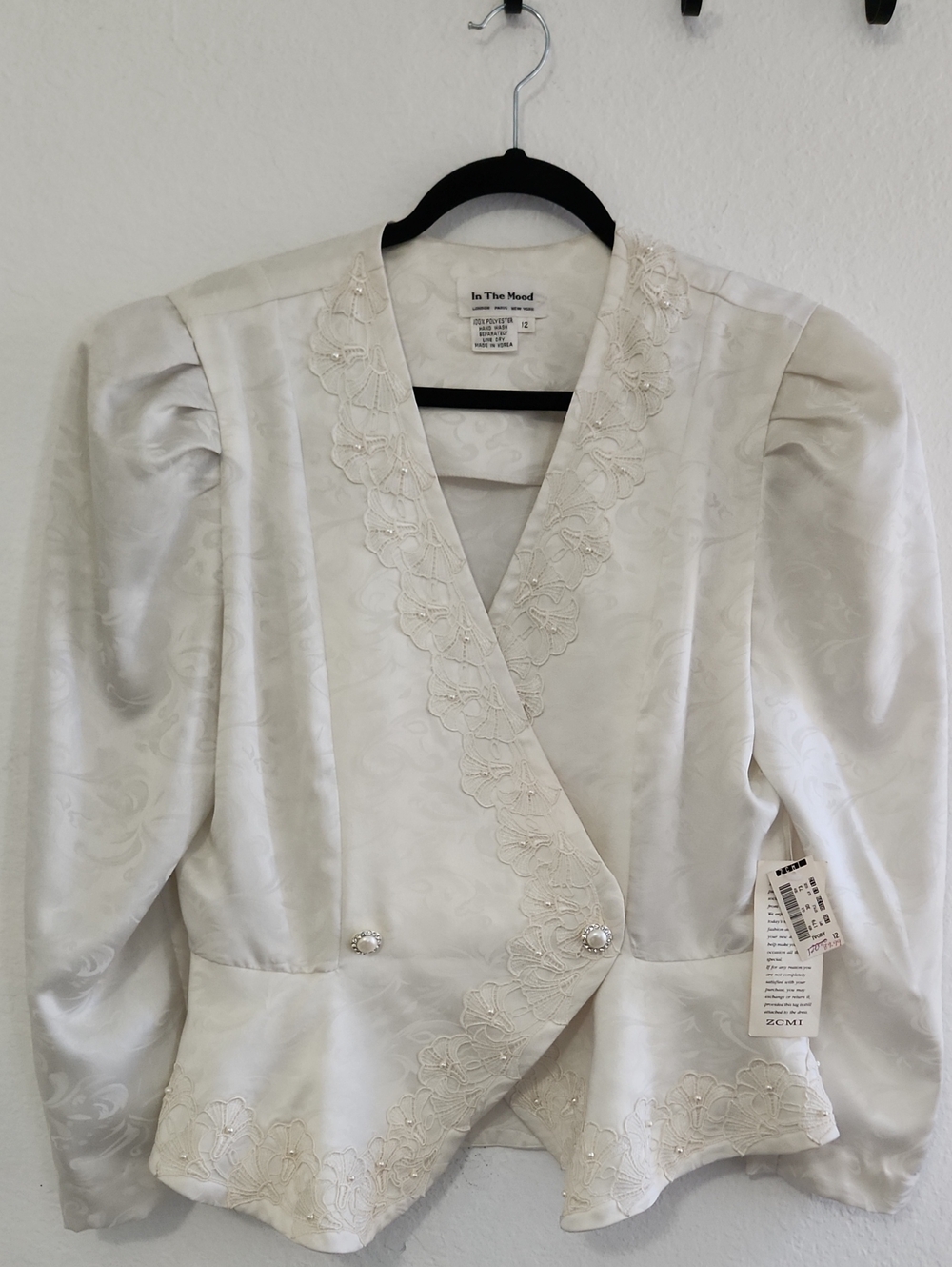 VTG 80s Bridal Ivory Pearl Wrap Peplum Blazer Jacket Size M